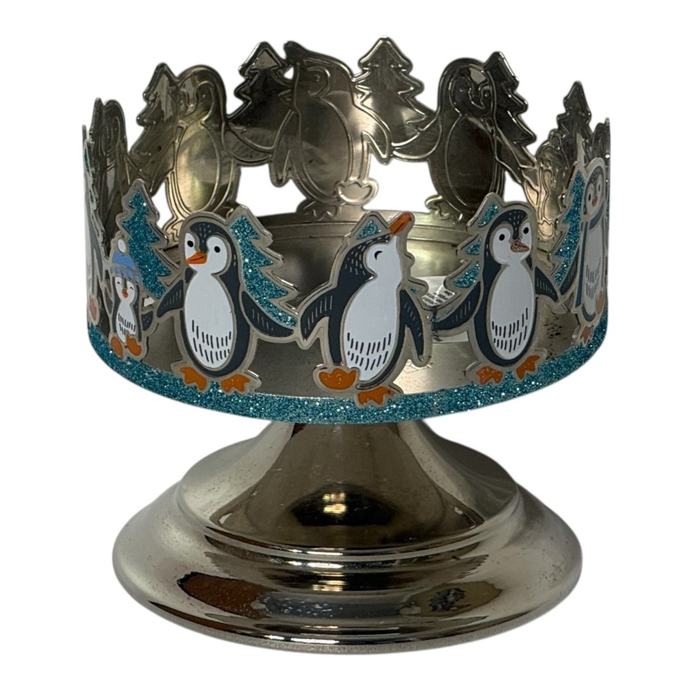Bath &‎ Body Works Dancing Penguins Candle Holder Metal Pedestal 4" Diameter - Picture 3 of 9